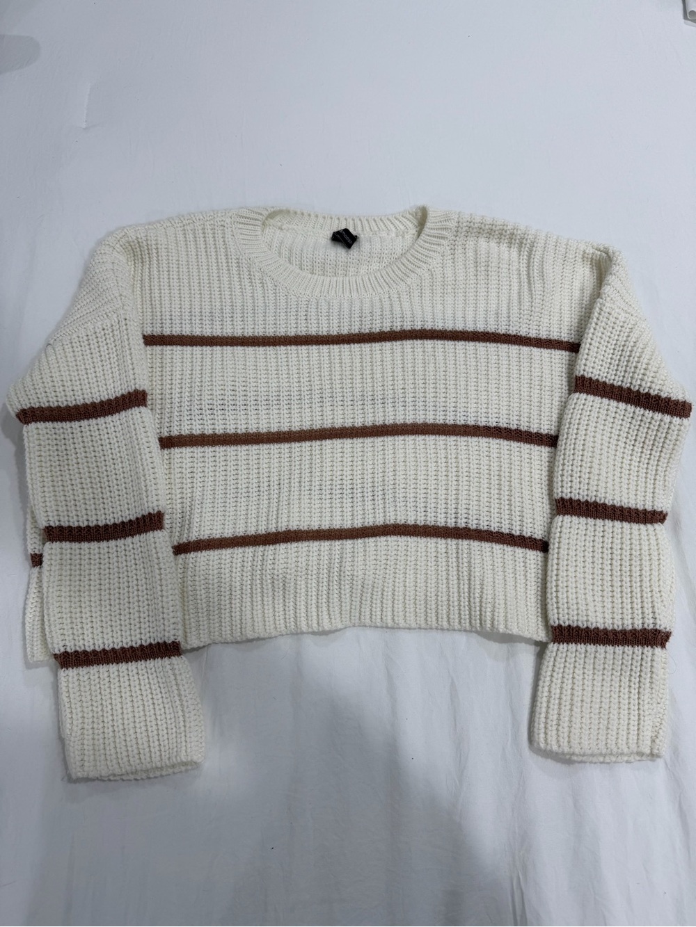 moon & madison Cream Cropped Crew Sweater with Brown Stripes
